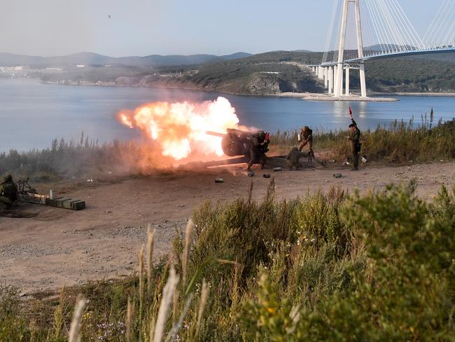 Firing gun salutes welcome Chinese warships ahead of the second stage of a joint Russian-Chinese military exercise in Vladivostok. Picture: Yuri Smityuk/TASS/Getty Images