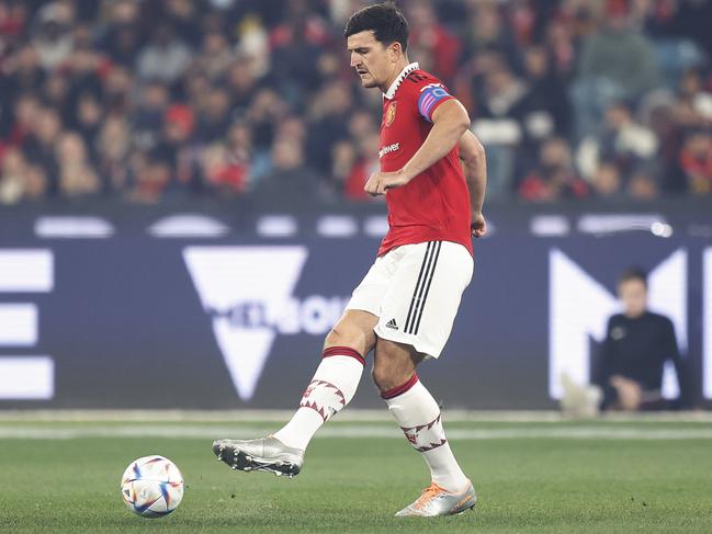 Manchester United captain Harry Maguire passes during a pre-season game against Melbourne Victory at the MCG. Picture: Mike Owen/Getty Images