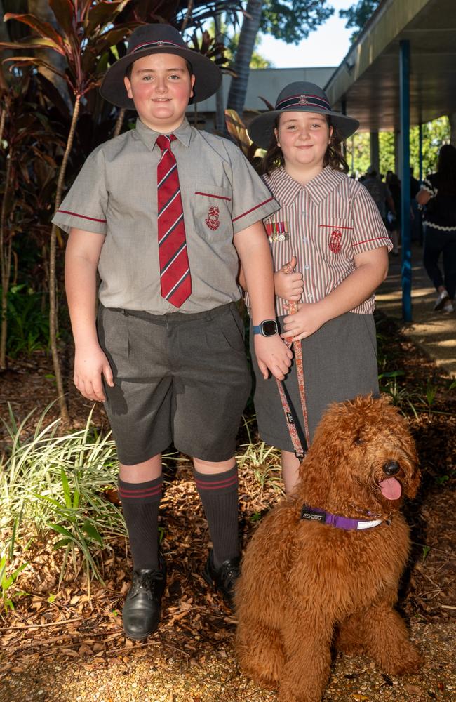 William, Darcy and Maisy (dog) McKenna at ANZAC Day Mackay Friday 25 April 2025 Picture:Michaela Harlow