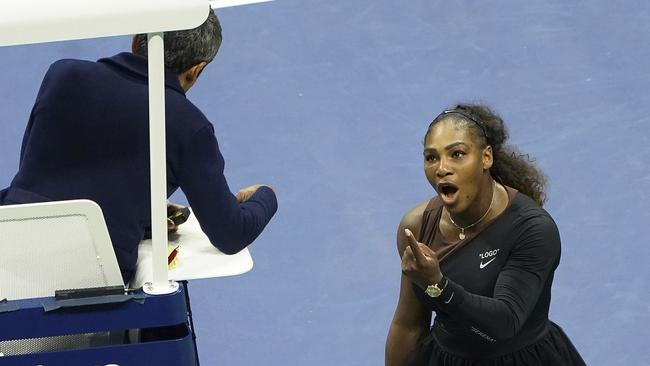 Serena Williams argues with the chair umpire during the US Open final. Picture: AP