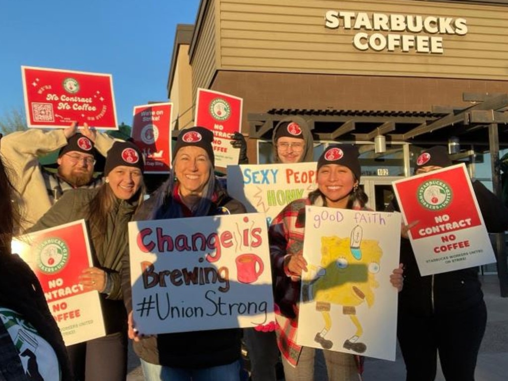 The group regularly strikes for their rights. Picture: Starbucks Workers United