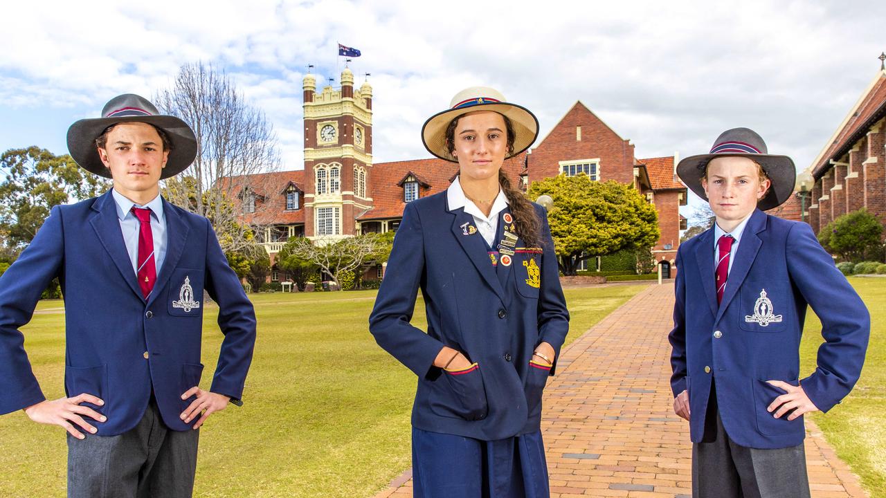 Isolated by border restrictions: 18-year-old Rose Mayne from St Hilda's Southport (centre) with brothers William (age 16) and Lachlan (age 14) from The Southport School. Picture: Richard Walker