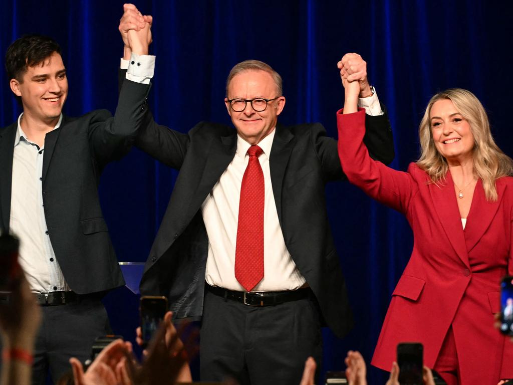 Australia's Prime Minister Anthony Albanese at the Labor Party election night event, with his partner Jodie Haydon, right, and son Nathan, vowed to steer the nation through a rough patch of global uncertainty after Labor’s convincing win. Picture: Saeed Khan/AFP