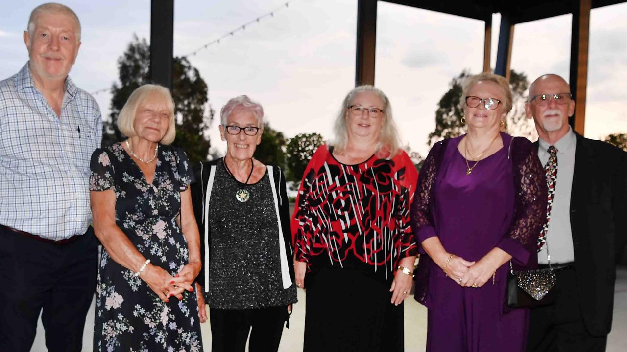 Ian Brandon, Lyn Broden, Kate McKee, Margret Richters with Margret and Graeme Hilton at the Fraser Coast Business &amp; Tourism Awards in Maryborough. Picture: Patrick Woods.