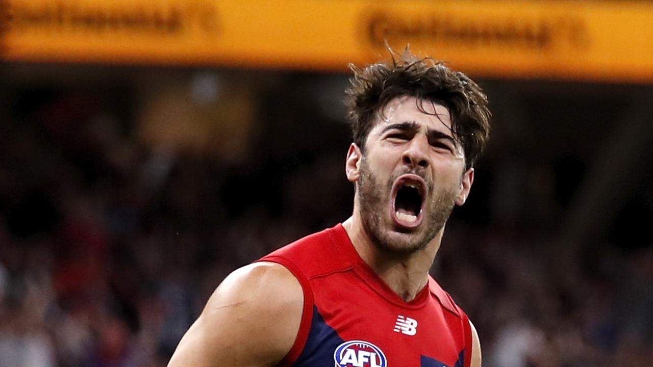 PERTH, AUSTRALIA - SEPTEMBER 25: Christian Petracca of the Demons celebrates a goal during the 2021 Toyota AFL Grand Final match between the Melbourne Demons and the Western Bulldogs at Optus Stadium on September 25, 2021 in Perth, Australia. (Photo by Dylan Burns/AFL Photos via Getty Images)