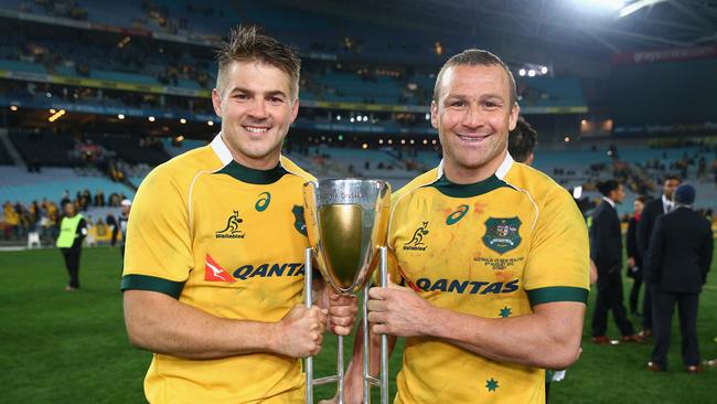 Drew Mitchell and Matt Giteau in 2015. Picture: Cameron Spencer/Getty