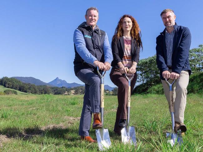 Tweed Mayor Chris Cherry turning the first sod with Alder Constructions GM Dean Cheffers (right) and Williams Group Australia GM Lyndon Poirrier (left) at the new flood-free industrial land swap area in South Murwillumbah.