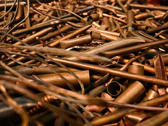A container of scrap copper metal sorted at the Active Recycling Co., Inc. recycling center on Earth Day in Los Angeles, California on April 22, 2025. The recycling center purchases scrap metal to be recycled from customers and accepts up to 500lbs of trash or green waste for free from first time customers - with approximately 18,000,000 lbs of free tonnage collected since 2009. (Photo by Patrick T. Fallon / AFP)