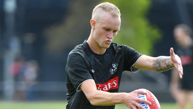 Jaidyn Stephenson trains with his Collingwood teammates on Wednesday.