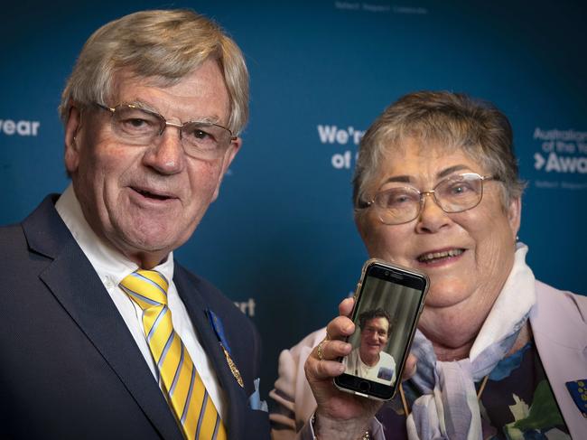 Proud parents Allan and Marg Leeson talking to Craig, while he was in Glasgow, during the announcement he was made Tasmania’s Australian of the Year. Picture: Chris Kidd.