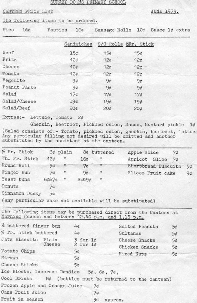 Surrey Downs Primary School’s 1973 canteen menu.