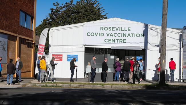 People lining up to get a Covid-19 vaccine at a clinic in Roseville. Picture: NCA Newswire /Gaye Gerard