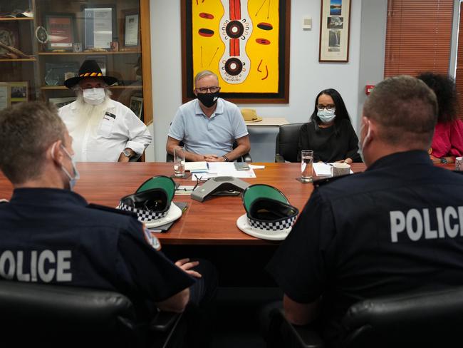 24-01-2023 - Prime Minister Anthony Albanese, Pat Dodson (L) and Linda Burney (R) meet with community groups, local council, the NT Government and frontline services in Alice Springs to discuss crime in Alice Springs. Picture: PMO