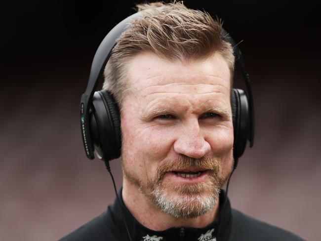 SYDNEY, AUSTRALIA - JUNE 14: Magpies head coach Nathan Buckley is interviewed before the round 13 AFL match between the Melbourne Demons and the Collingwood Magpies at Sydney Cricket Ground on June 14, 2021 in Sydney, Australia. (Photo by Matt King/Getty Images)