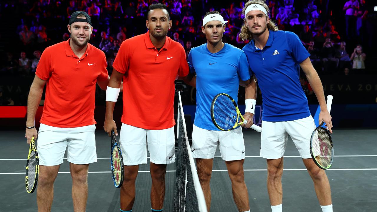 GENEVA, SWITZERLAND - SEPTEMBER 21: Jack Sock, playing partner of Nick Kyrgios of Team World and Rafael Nadal, plying partner of Stefanos Tsitsipas of Team Europe pose for a photo prior to their doubles match during Day Two of the Laver Cup 2019 at Palexpo on September 21, 2019 in Geneva, Switzerland. The Laver Cup will see six players from the rest of the World competing against their counterparts from Europe. Team World is captained by John McEnroe and Team Europe is captained by Bjorn Borg. The tournament runs from September 20-22. (Photo by Clive Brunskill/Getty Images for Laver Cup)