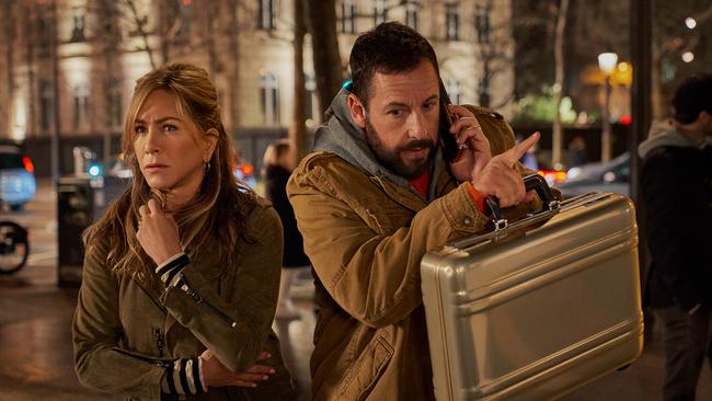 Jennifer Aniston as Audrey Spitz and Adam Sandler as Nick Spitz in Murder Mystery 2. Cr. Scott Yamano/Netflix © 2022.