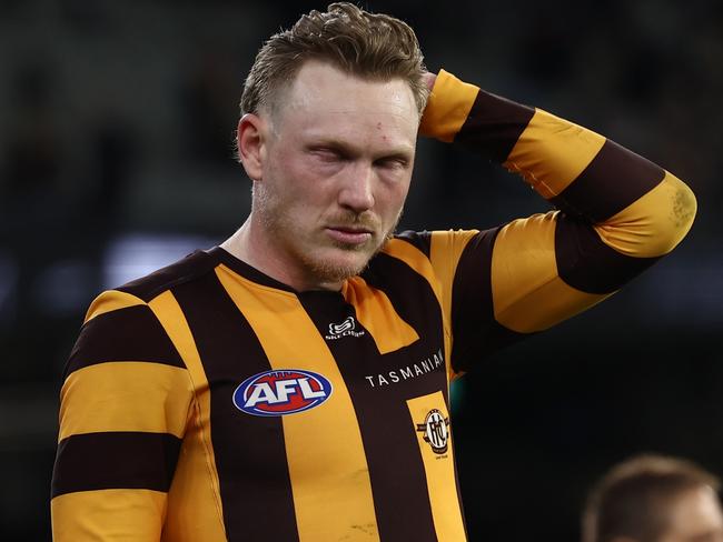 MELBOURNE, AUSTRALIA - MAY 30: James Sicily of the Hawks after the game during the 2025 AFL Round 12 match between the Collingwood Magpies and the Hawthorn Hawks at the Melbourne Cricket Ground on May 30, 2025 in Melbourne, Australia. (Photo by James Wiltshire/AFL Photos via Getty Images)