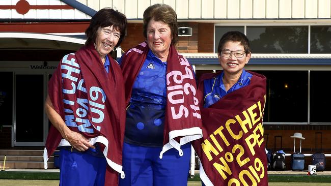 L to R: Rosemary Manere, Rowena Coode and Club President Lan Lim with their no4, No3 and No2 pennants. Castle Hill Women's Bowling Club has claimed three district pennants this season and qualified for the state playoffs. Pictures: John Appleyard