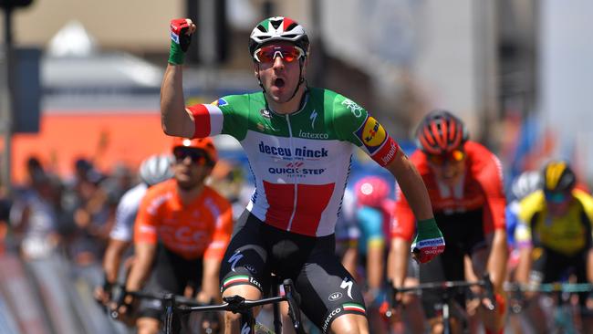 ADELAIDE, AUSTRALIA - JANUARY 15: Arrival / Elia Viviani of Italy and Deceuninck - Quick-Step Team / Celebration / during the 21st Santos Tour Down Under 2019 , Stage 1 a 129km stage from Adelaide to Adelaide / TDU / on January 15, 2019 in Adelaide, Australia. (Photo by Tim de Waele/Getty Images)