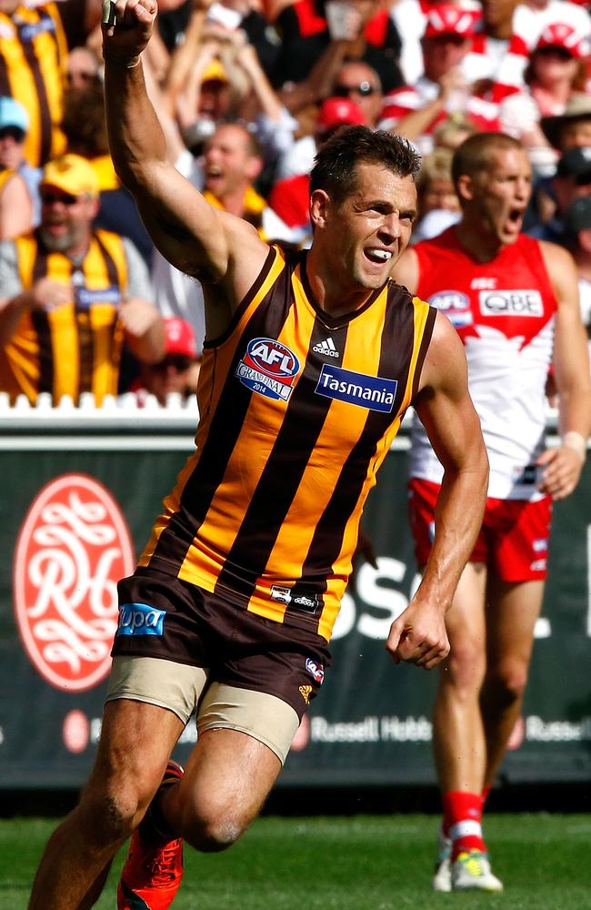 Luke Hodge celebrates a goal during the 2014 Grand Final. Picture: Wayne Ludbey