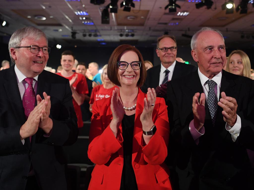 Former Australian Prime Ministers Kevin Rudd, Julia Gillard and Paul Keating presented a united front last week. Picture: Lukas Coch 