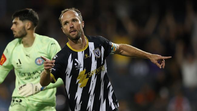 SYDNEY, AUSTRALIA - JANUARY 25: Valere Germain of the Bulls celebrates scoring a goal during the round 16 A-League Men match between Macarthur FC and Melbourne City at Campbelltown Stadium, on January 25, 2025, in Sydney, Australia. (Photo by Mark Evans/Getty Images)