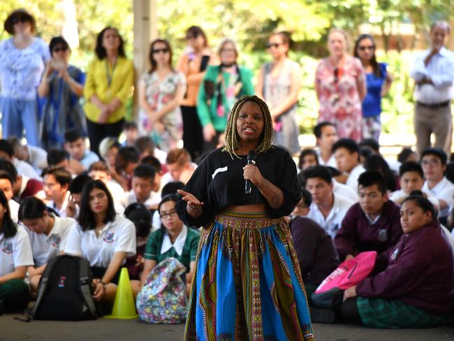 Co-founder of the Black Lives Matter movement Patrisse Cullors speaks to students at Cabramatta High School.