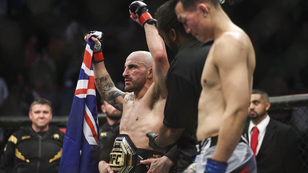 Alexander Volkanovski of Australia reacts after defeating Chan Sung Jung of South Korea in the featherweight title bout during the UFC 273 event. Picture: James Gilbert