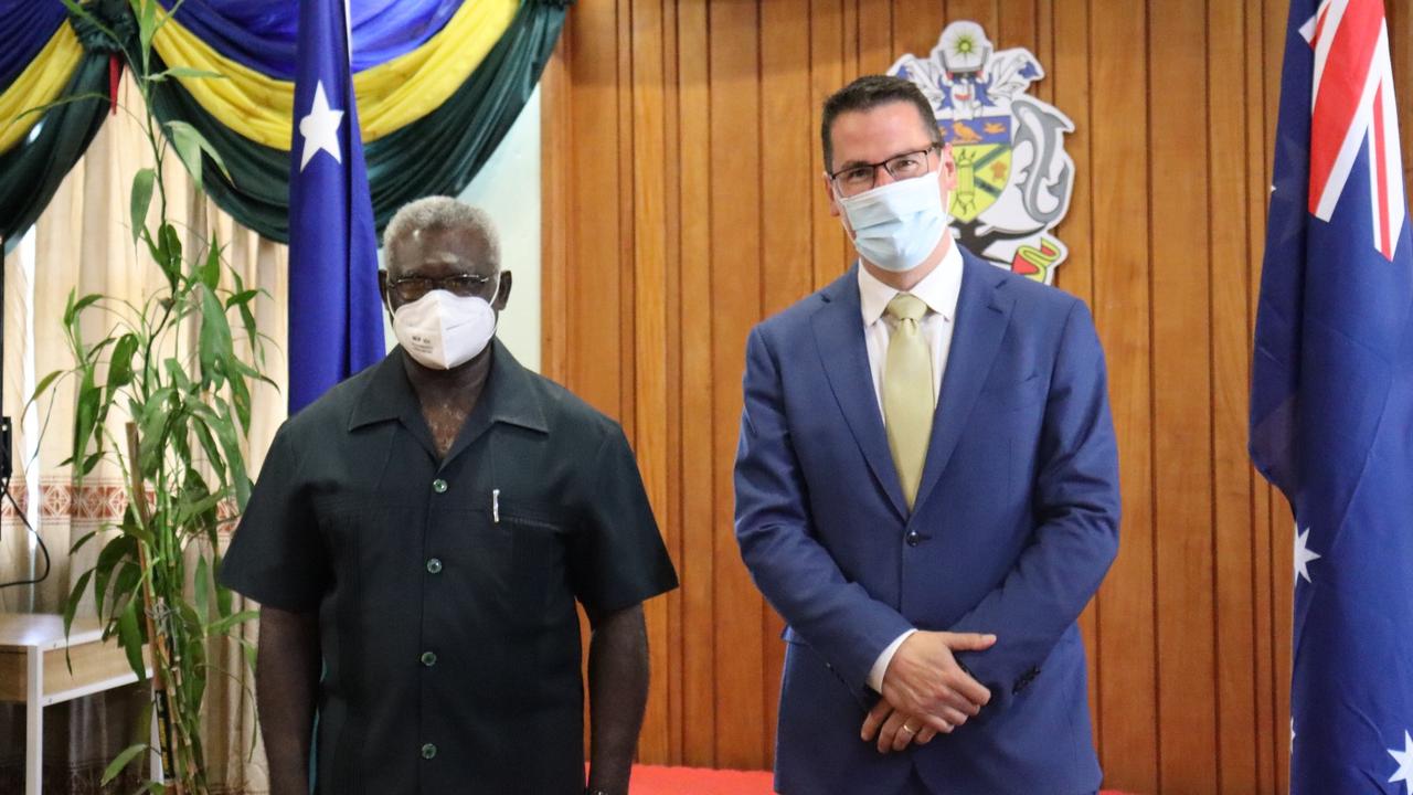 Solomon Islands Prime Minster Manasseh Sogavare (L) and Minister for International Development and the Pacific Zed Seselja pictured together in the Solomon Islands capital Honiara. Picture: Supplied