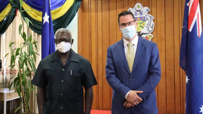 Solomon Islands Prime Minster Manasseh Sogavare (L) and Minister for International Development and the Pacific Zed Seselja pictured together in the Solomon Islands capital Honiara. Picture: Supplied