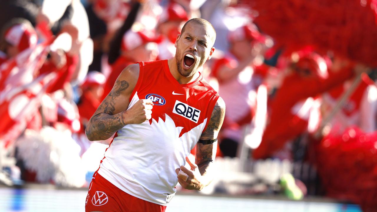 Lance Franklin celebrates in front of Swans fans in round 22. Picture: Phil Hillyard