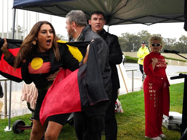 Independent Senator Lidia Thorpe is manhandled after attempting to disrupt British anti-transgender rights activist Kellie-Jay Keen-Minshull, also known as Posie Parker at a Ã¢â¬ÅLet Womaen SpeakÃ¢â¬Â anti trans rally outside Parliament House in Canberra, Thursday, March 23, 2023. (AAP Image/Michelle Haywood) NO ARCHIVING