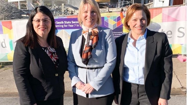 Qld Education Minister Grace Grace, Inner City South State Secondary College foundation principal Kirsten Ferdinands and Jackie Trad.