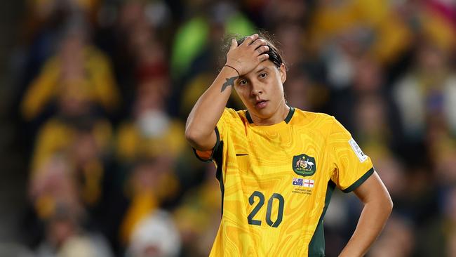 Sam Kerr was left devastated after the loss to England in the Women’s World Cup semi-final football Picture: Alex Pantling - FIFA/FIFA via Getty Images