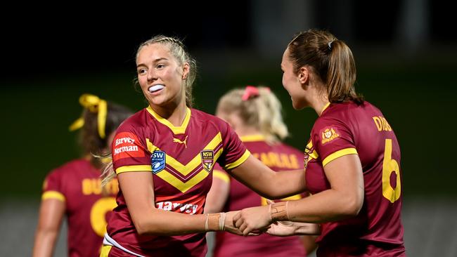 Country winger Teagan Berry celebrates with five-eighth Kirra Dibb after scoring a try. Picture: NRL Photos/Gregg Porteous