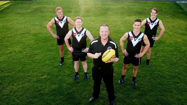 Kalangadoo players and officials Liam Hay, Reece Carlson, Adam Box (president), Ethan Maney and Charlie Box are not training as a group because their coach, Dylan Ayton, lives in Victoria. Picture: Frank Monger