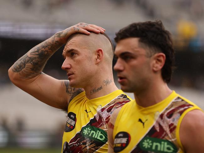 MELBOURNE, AUSTRALIA - MAY 28: Dustin Martin and Tim Taranto of the Tigers walk off after the Tigers were defeated by the Power during the round 11 AFL match between Richmond Tigers and Yartapuulti / Port Adelaide Power at Melbourne Cricket Ground, on May 28, 2023, in Melbourne, Australia. (Photo by Robert Cianflone/Getty Images)