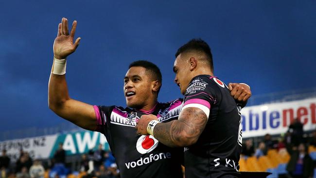 Ken Maumalo celebrates a try for the Warriors.