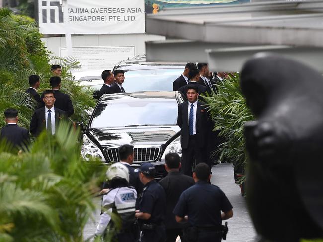 The motorcade carrying North Koran leader Kim Jong-un arrives at the St. Regis hotel ahead of the US-North Korea summit. Picture: AFP/Adek Berry