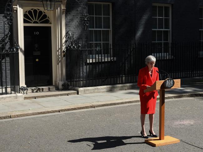 Britain's Prime Minister Theresa May announces her resignation outside 10 Downing Street. Picture: AP