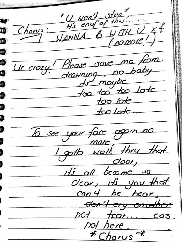 Song lyrics written by Simone Farrow found in notebooks by police.