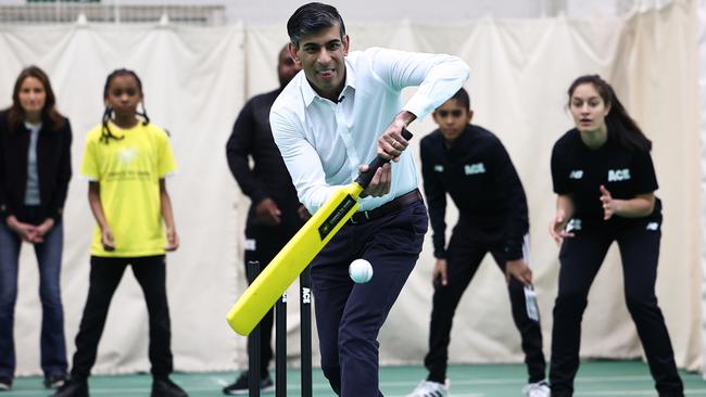 Sunak goes to bat during a practice session at Oval cricket ground. Picture: Getty Images