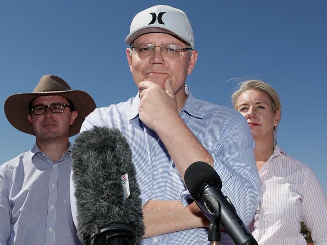 Prime Minister Scott Morrison speaks to the media during a regional tour of the Tully property in Quilpie in south west Queensland yesterday. Picture: AAP Image/Alex Ellinghausen