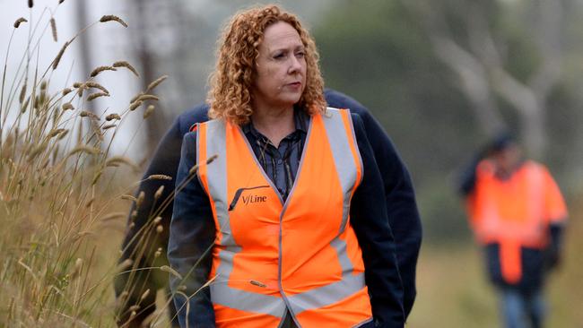 Victorian Public Transport Minister Melissa Horne at the scene of the derailment of the Sydney to Melbourne train in which two people were killed. Picture: Andrew Henshaw