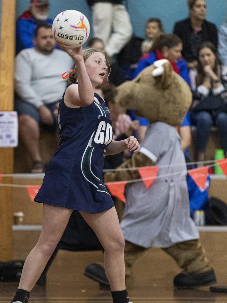 Taylah Priebbenow of St Ursula's Junior B against Downlands Junior B in Merici-Chevalier Cup netball at Salo Centre, Friday, July 19, 2024. Picture: Kevin Farmer