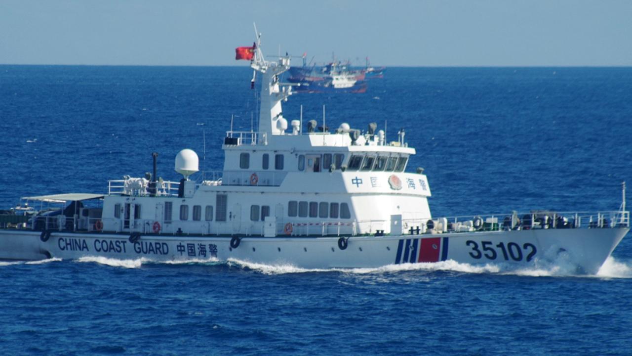 A Chinese coast guard vessel sails near disputed East China Sea islands in August 2016. Picture: 11th Regional Coast Guard Headquarters via AP