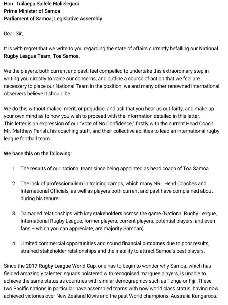 A letter written to the Prime Minister of Samoa raising issues about the state of rugby league. Supplied