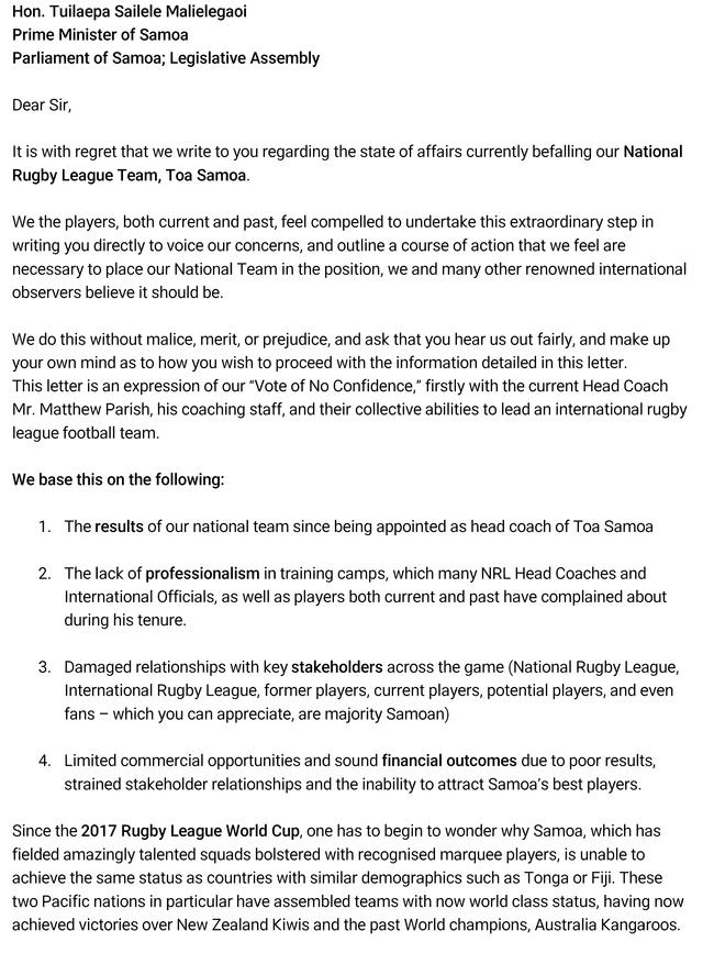 A letter written to the Prime Minister of Samoa raising issues about the state of rugby league. Supplied