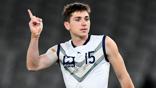 MELBOURNE, AUSTRALIA - JULY 14: Xavier Ivisic of Victoria Country celebrates kicking a goal during the 2024 Marsh AFL Championships U18 Boys match between Victoria Metro and Victoria Country at Marvel Stadium on July 14, 2024 in Melbourne, Australia. (Photo by Josh Chadwick/AFL Photos)