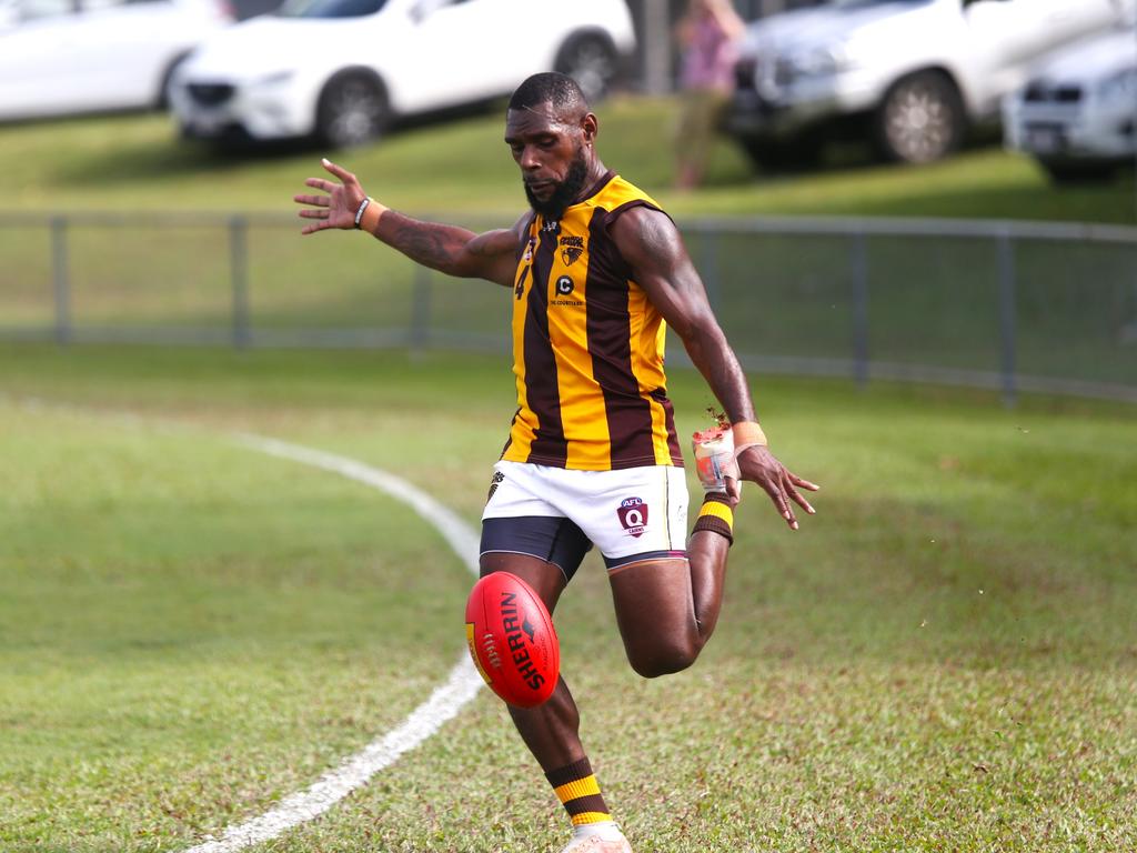 Pictured: David Topeni. Manunda Hawks v CTB Bulldogs Round 15 at Crathern Park. AFL Cairns 2024. Photo: Gyan-Reece Rocha